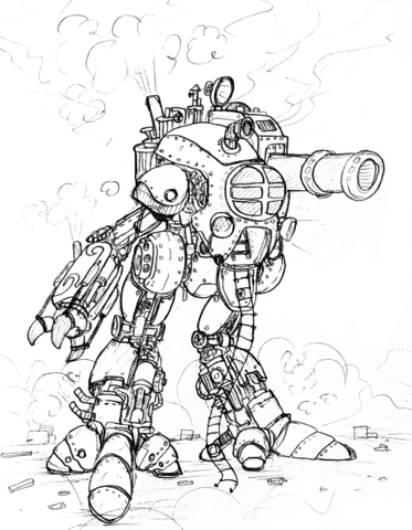 Steampunk Giant Robot With A Big Cannon Coloring Page